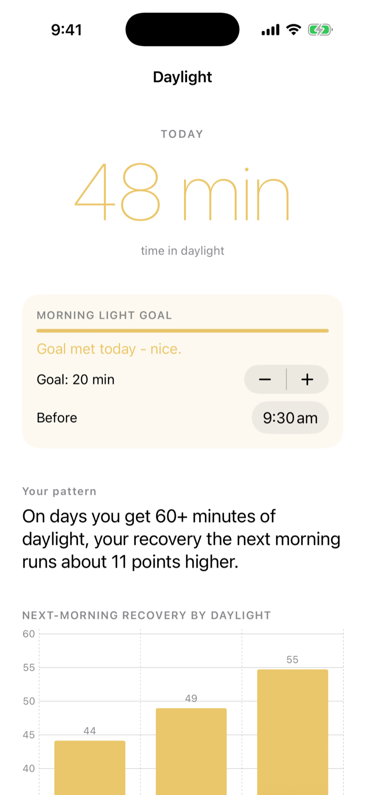 Daylight screen showing next-morning recovery by daylight